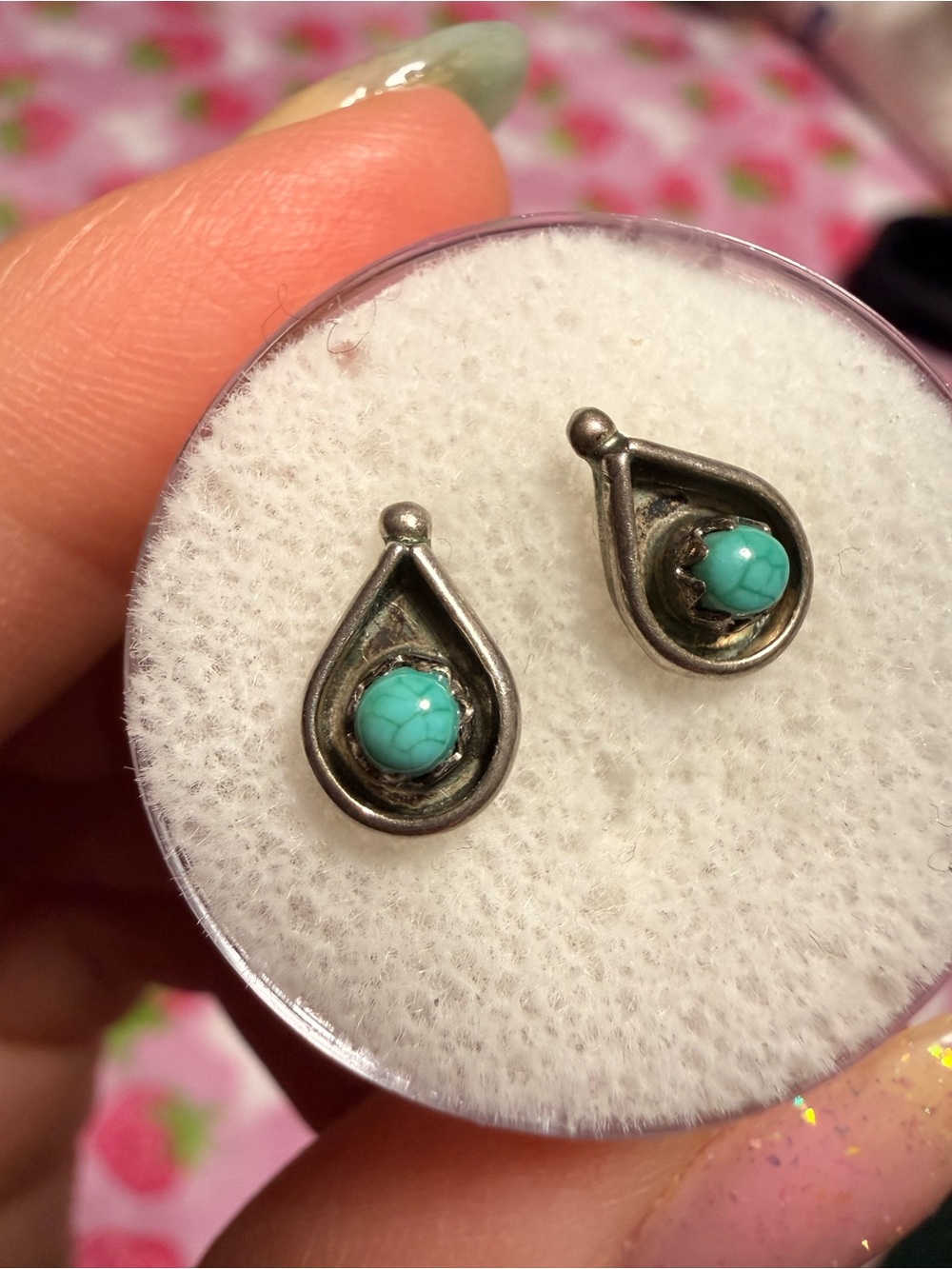 Vintage Southwestern Teardrop Shadow Box Turquoise Stud Earrings Sterling Silver - Picture 3 of 8
